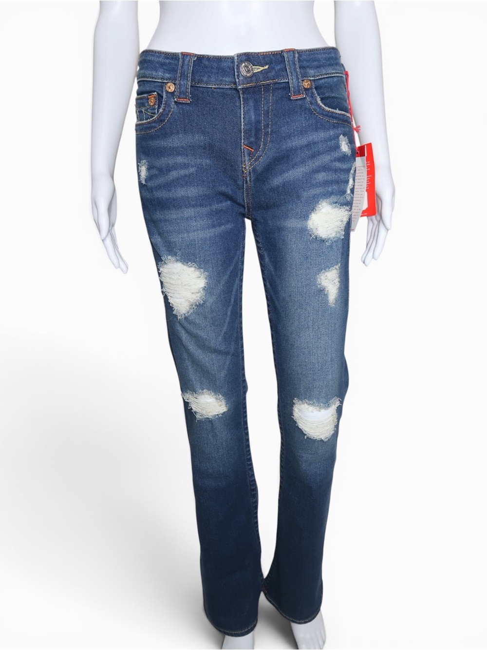 True Religion Women's Distressed Dark Blue Boot Cut Jeans